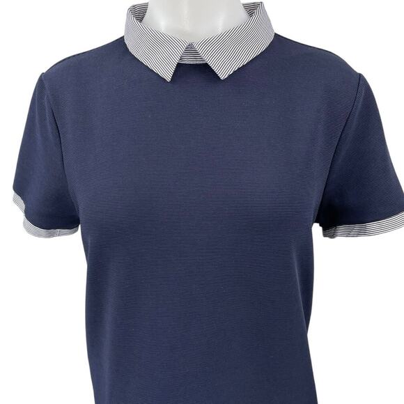 Zara Women's Navy Blue Knit Stripe Collar Short Sleeve Mini Polo Shift Dress L - Picture 6 of 8